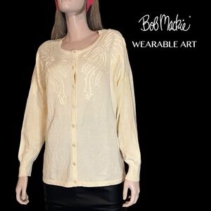 Bob Mackie Wearable Art Cardigan Sweater Sequins Scroll Detail Cotton Rayon